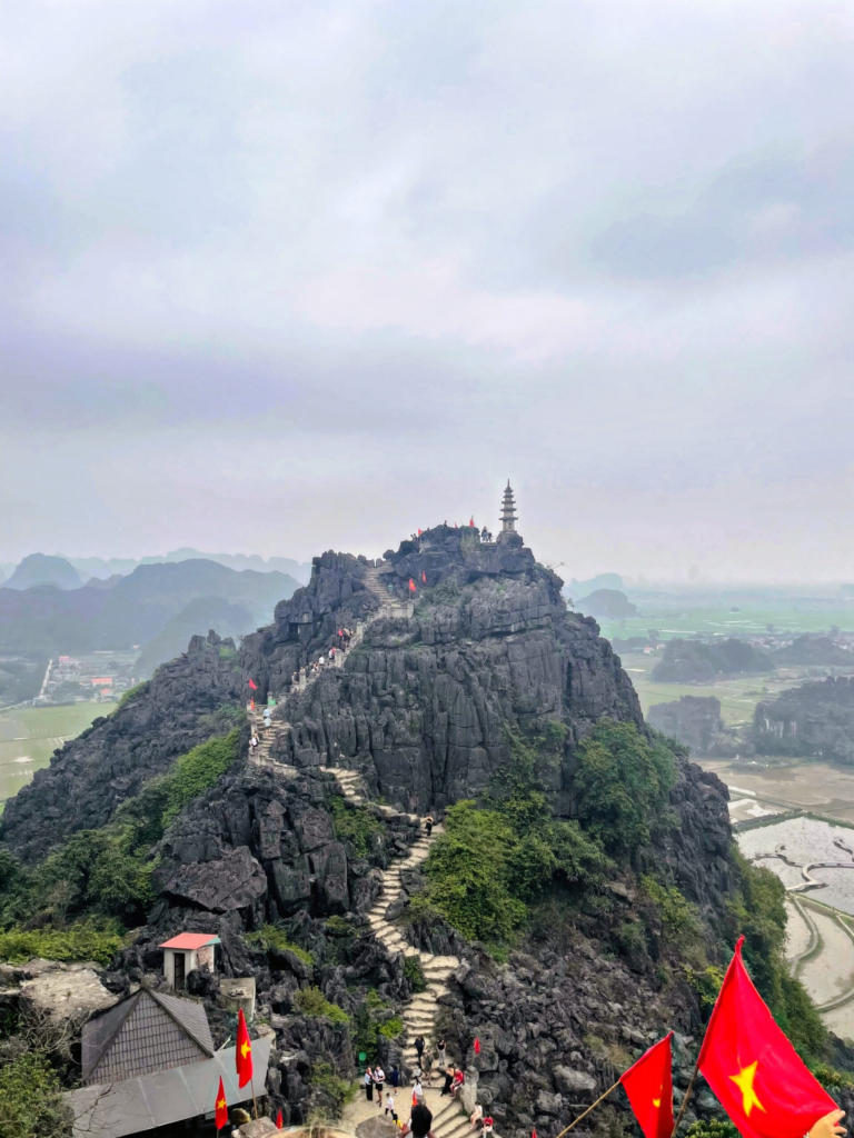 view of Hang Mua mountain top pagoda on our Ninh Binh tour